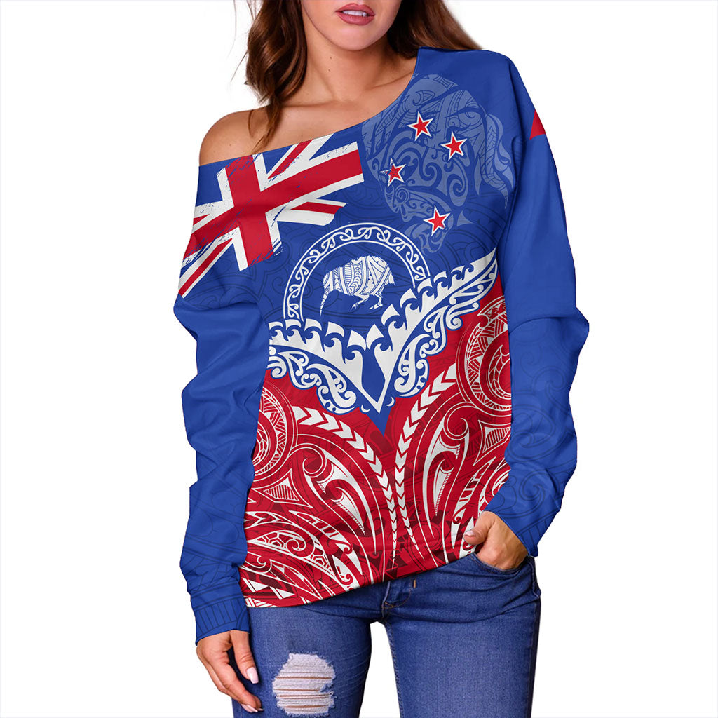 New Zealand Off Shoulder Sweatshirt Flag With Kiwi And Maori Pattern