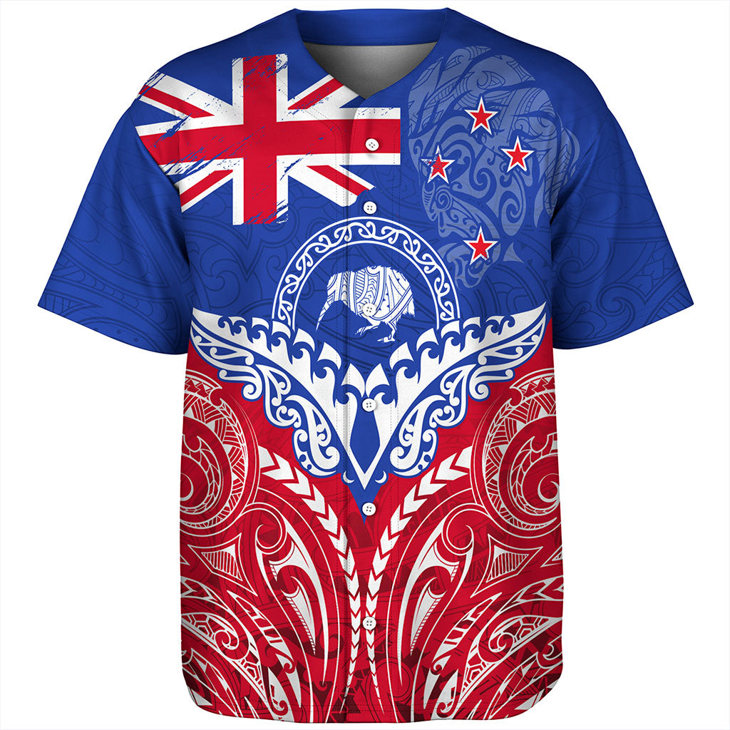 New Zealand Baseball Shirt Flag With Kiwi And Maori Pattern