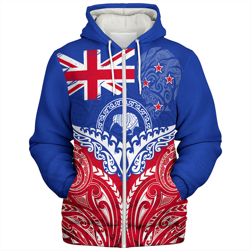 New Zealand Sherpa Hoodie Flag With Kiwi And Maori Pattern