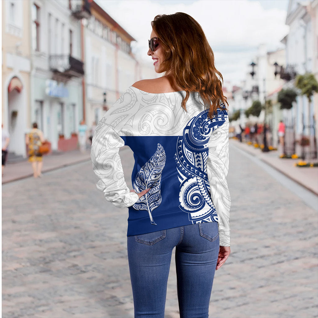 New Zealand Off Shoulder Sweatshirt Maori Pattern Silver Fern Tattoo