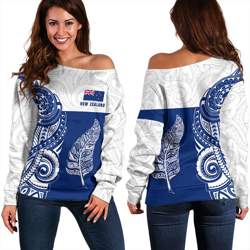 New Zealand Off Shoulder Sweatshirt Maori Pattern Silver Fern Tattoo