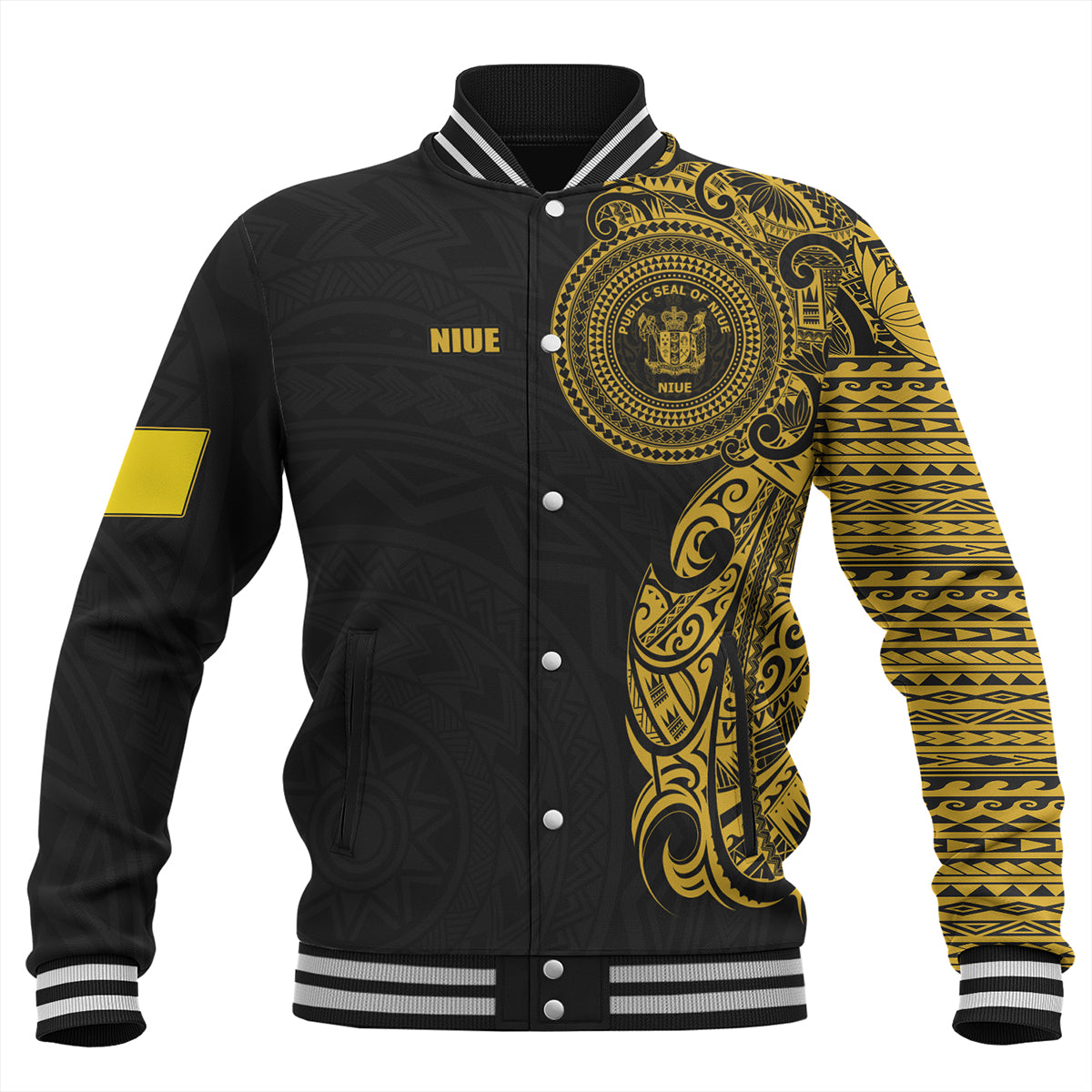 Niue Baseball Jacket Custom Polynesian Half Sleeve Gold Tattoo With Seal Black