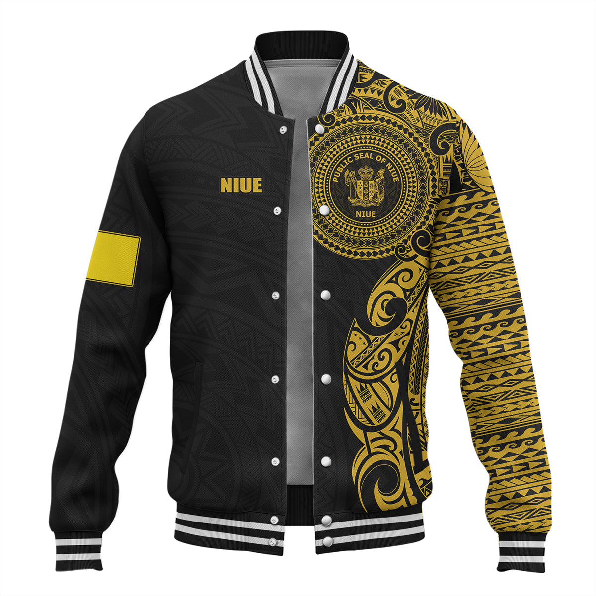 Niue Baseball Jacket Custom Polynesian Half Sleeve Gold Tattoo With Seal Black