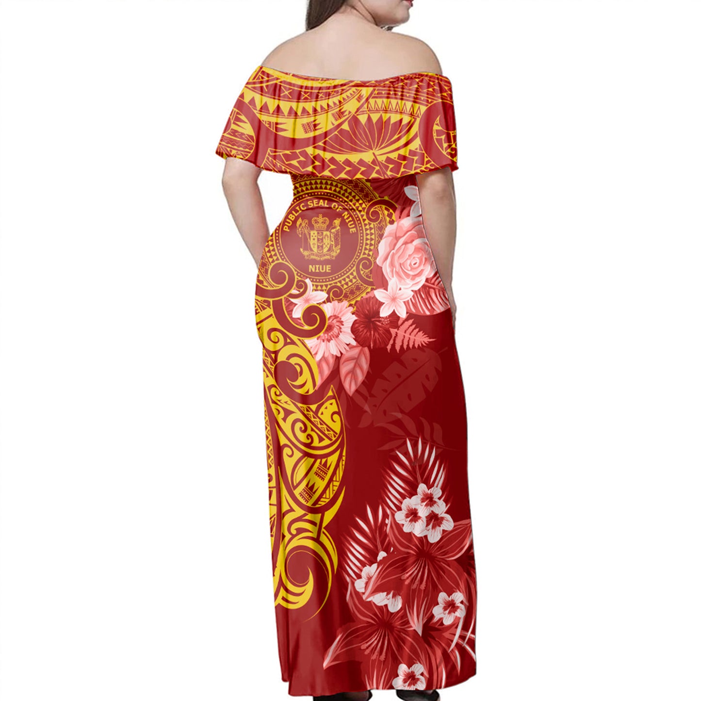 Niue Combo Off Shoulder Long Dress And Shirt Polynesian Tropical Plumeria Tribal Red