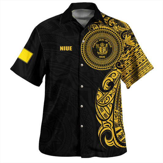 Niue Hawaiian Shirt Custom Polynesian Half Sleeve Gold Tattoo With Seal Black