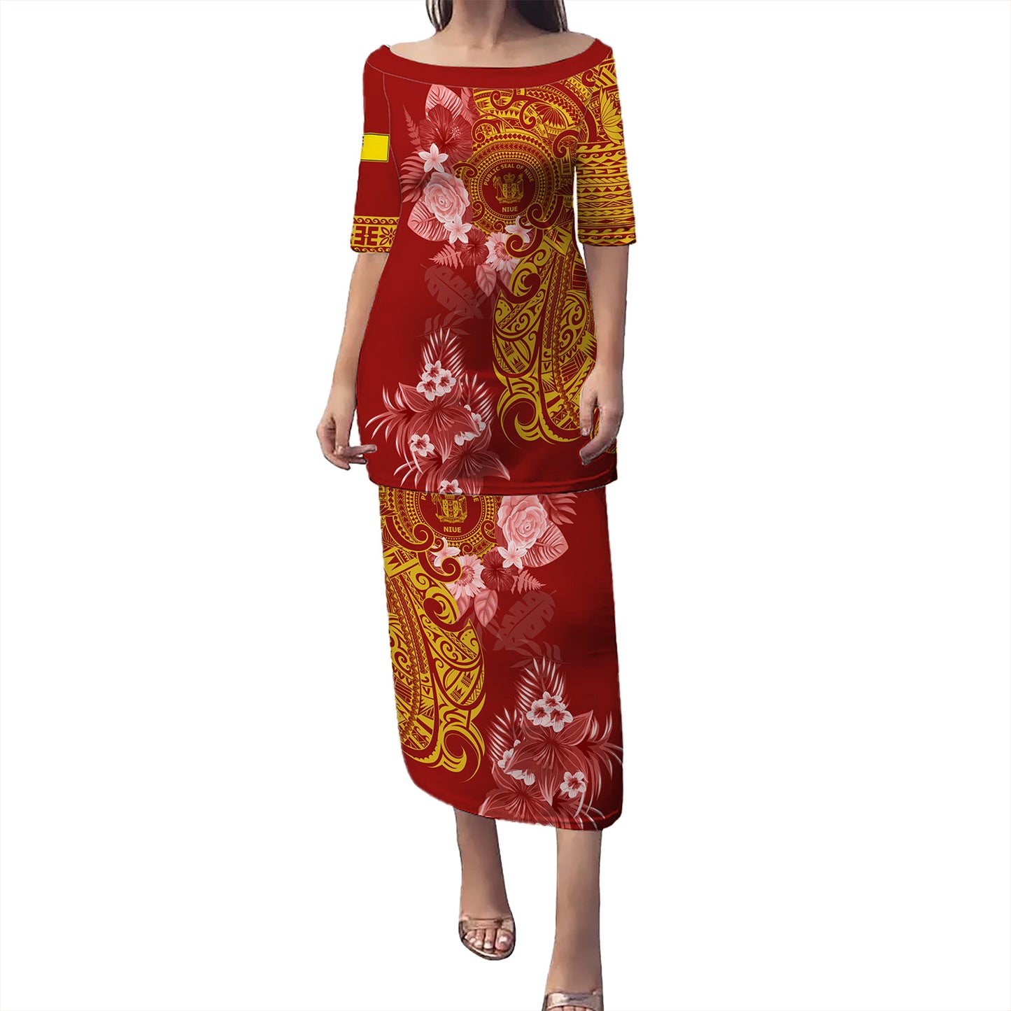 Niue Combo Puletasi And Shirt Polynesian Tropical Plumeria Tribal Red