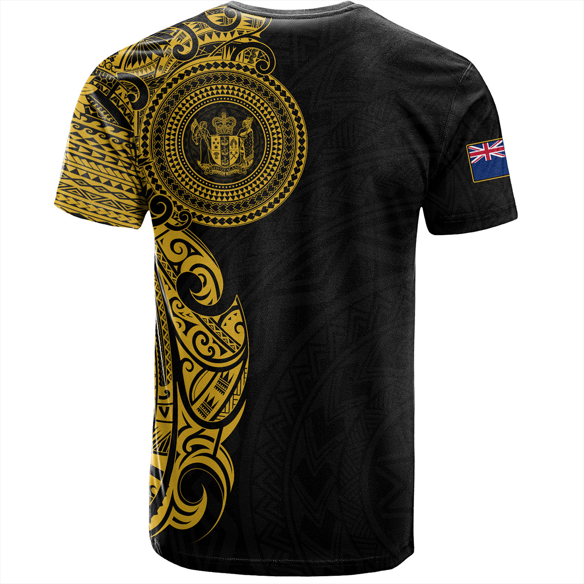 New Zealand T-Shirt Custom Polynesian Half Sleeve Gold Tattoo With Seal Black