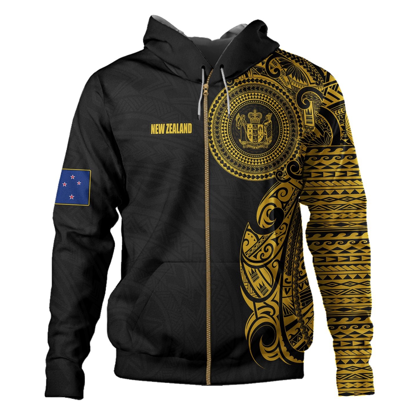 New Zealand Hoodie Custom Polynesian Half Sleeve Gold Tattoo With Seal Black