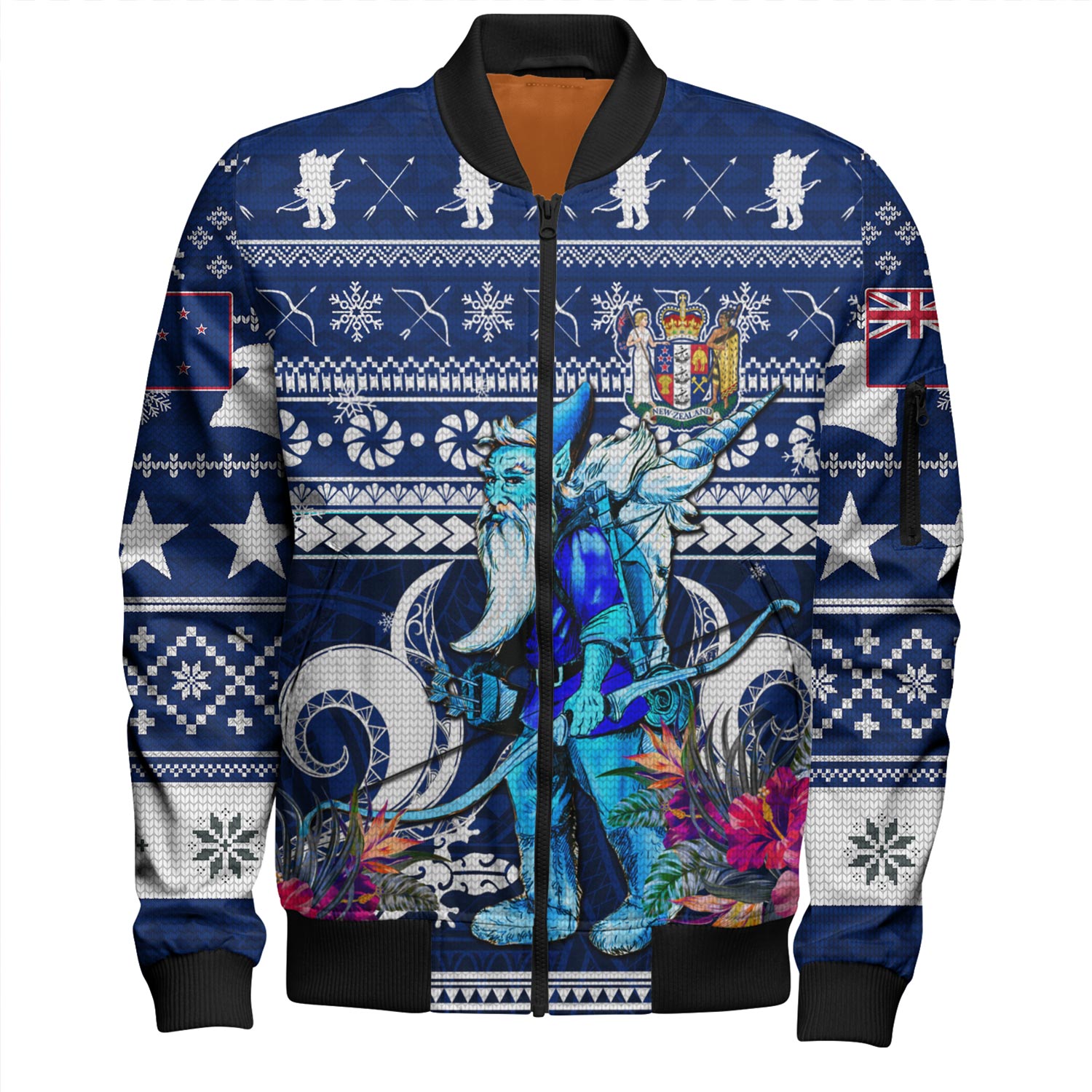 New Zealand Bomber Jacket Custom Meri Kirihimete Ugly Christmas Gnome Packing Out a Unicorn