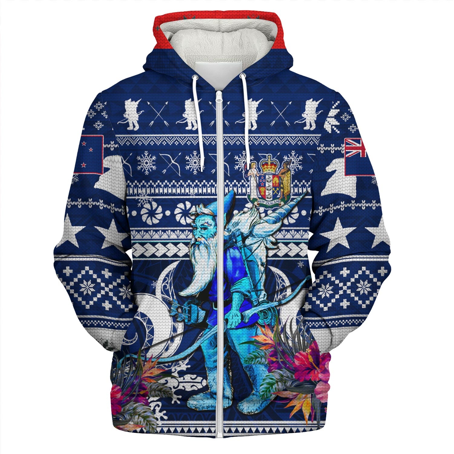 New Zealand Sherpa Hoodie Custom Meri Kirihimete Ugly Christmas Gnome Packing Out a Unicorn