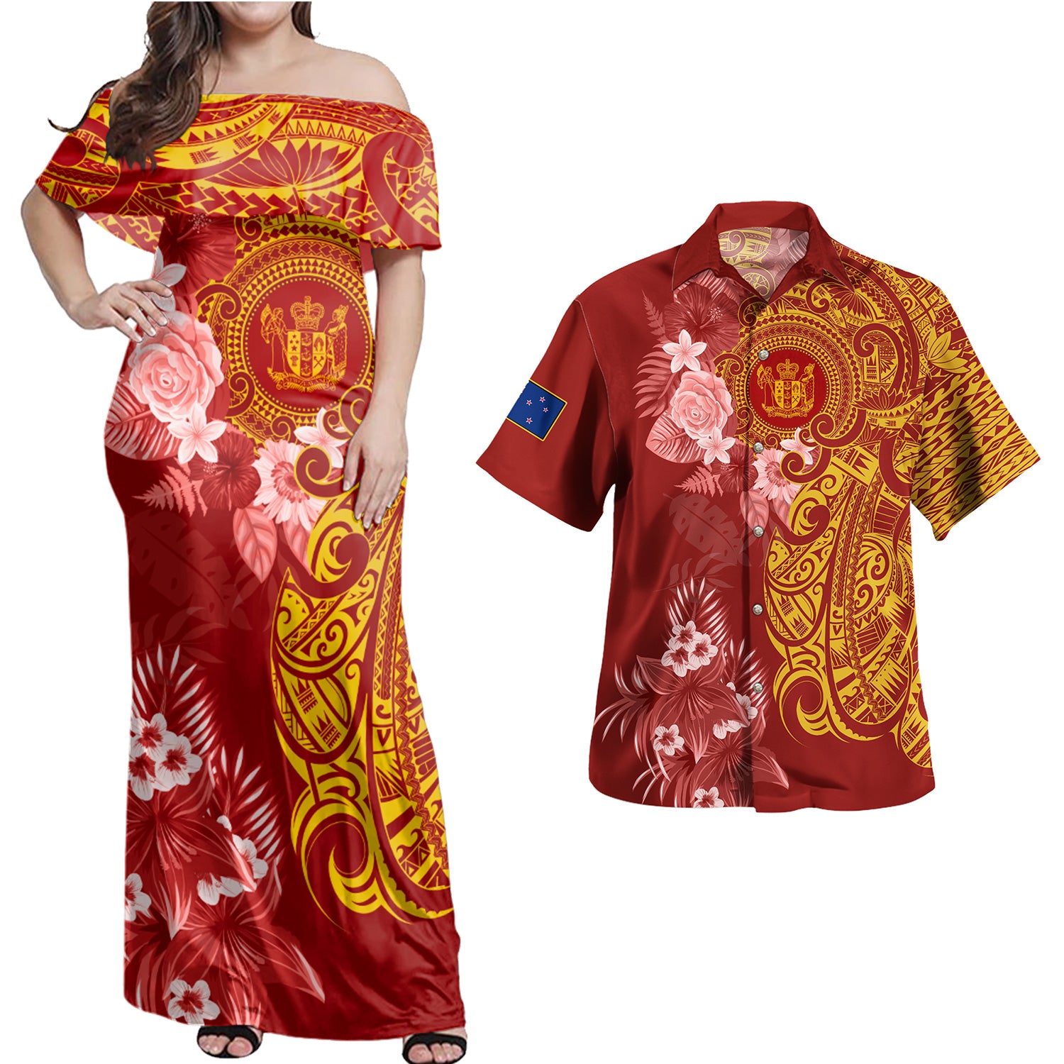 New Zealand Combo Off Shoulder Long Dress And Shirt Polynesian Tropical Plumeria Tribal Red
