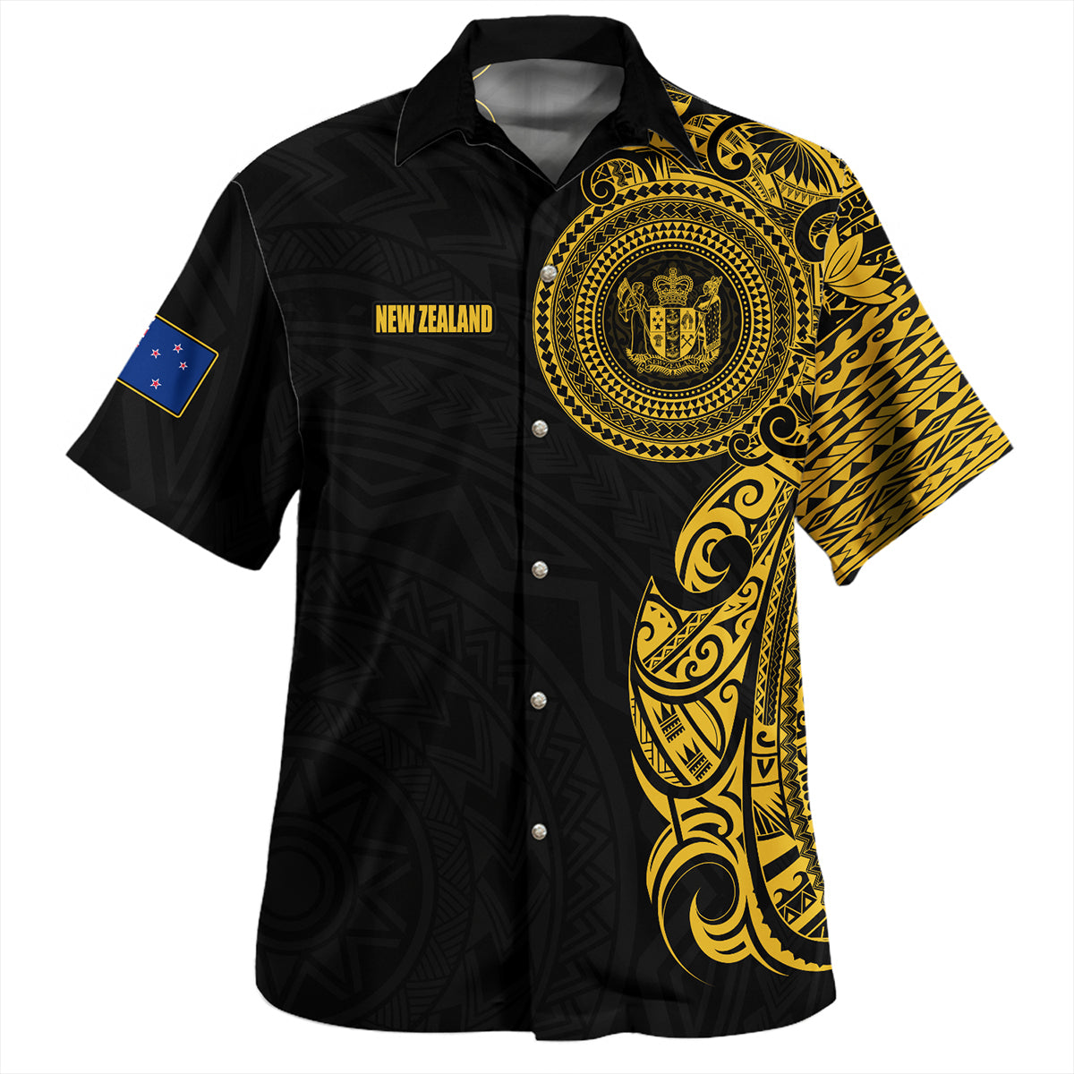 New Zealand Hawaiian Shirt Custom Polynesian Half Sleeve Gold Tattoo With Seal Black