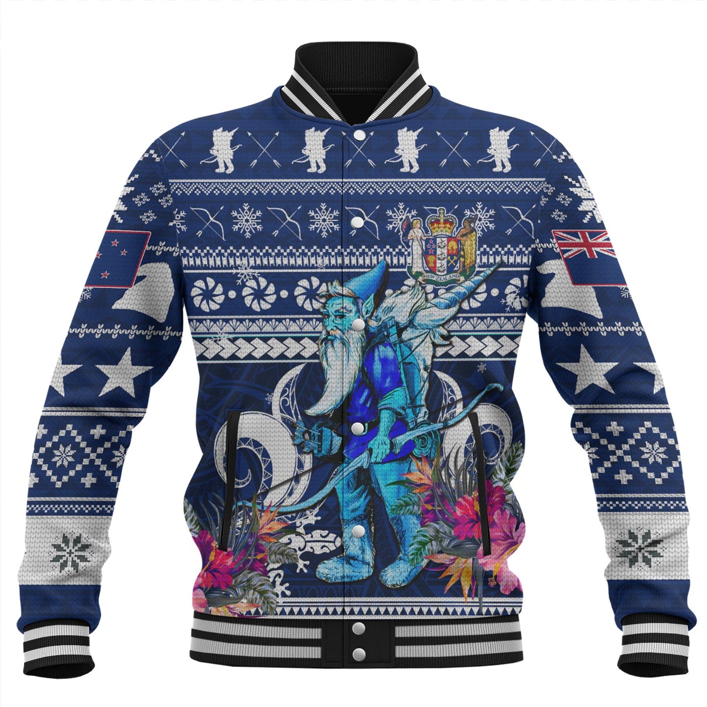 New Zealand Baseball Jacket Custom Meri Kirihimete Ugly Christmas Gnome Packing Out a Unicorn