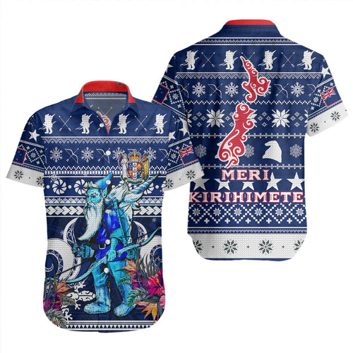 New Zealand Short Sleeve Shirt Custom Meri Kirihimete Ugly Christmas Gnome Packing Out a Unicorn