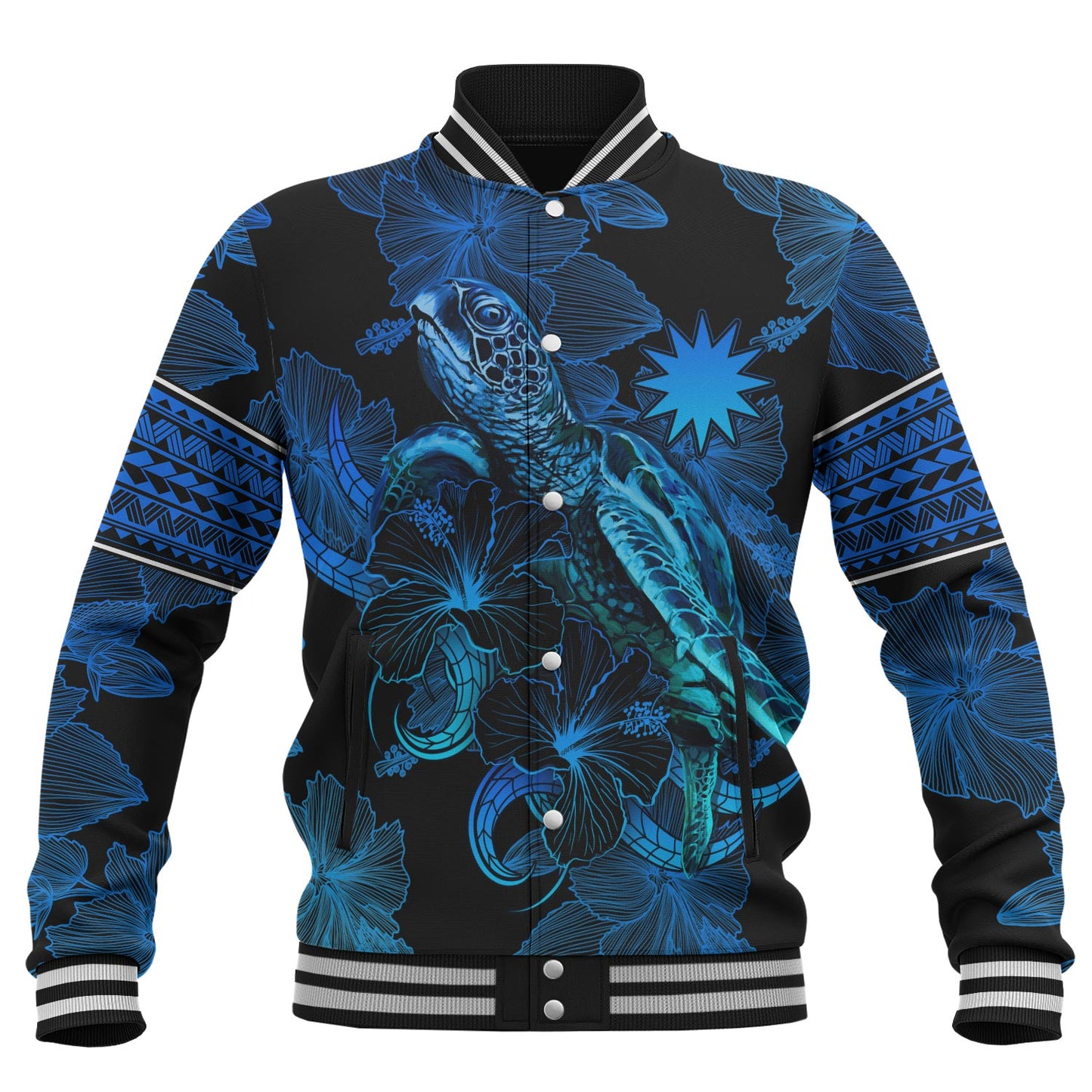 Nauru Baseball Jacket Sea Turtle With Blooming Hibiscus Flowers Tribal Blue