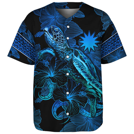Nauru Baseball Shirt Sea Turtle With Blooming Hibiscus Flowers Tribal Blue