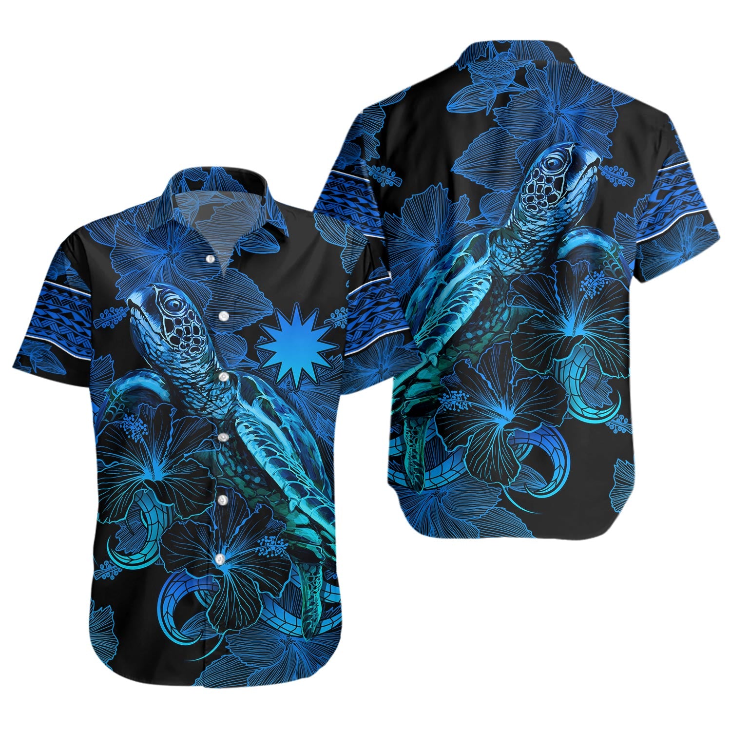 Nauru Short Sleeve Shirt Sea Turtle With Blooming Hibiscus Flowers Tribal Blue