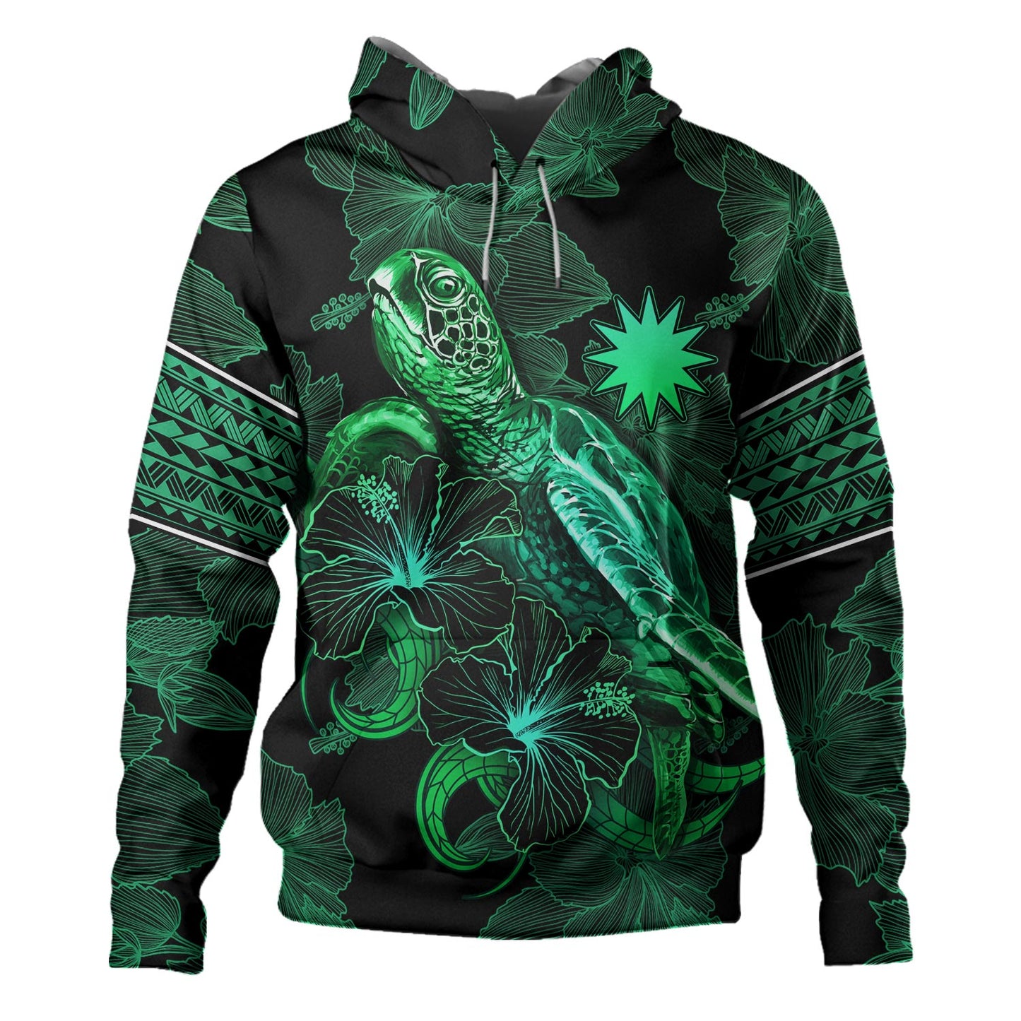 Nauru Hoodie  Sea Turtle With Blooming Hibiscus Flowers Tribal Green