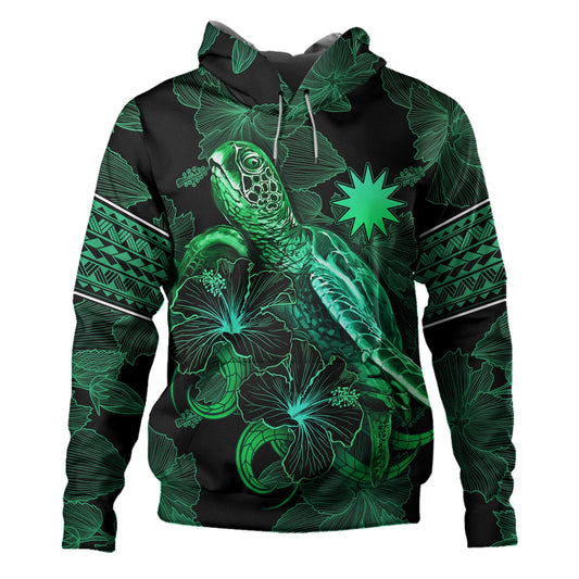 Nauru Hoodie  Sea Turtle With Blooming Hibiscus Flowers Tribal Green