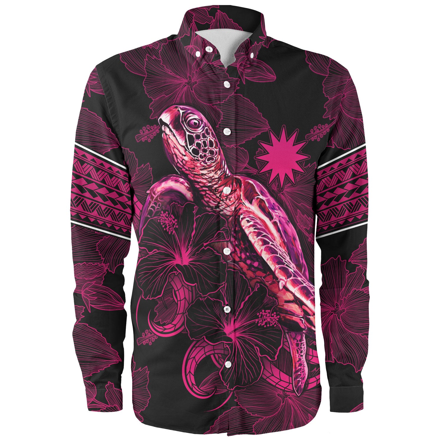 Nauru Long Sleeve Shirt Sea Turtle With Blooming Hibiscus Flowers Tribal Maroon