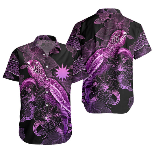 Nauru Short Sleeve Shirt Sea Turtle With Blooming Hibiscus Flowers Tribal Purple