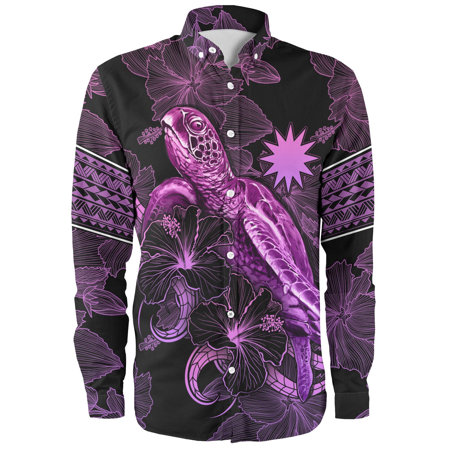 Nauru Long Sleeve Shirt Sea Turtle With Blooming Hibiscus Flowers Tribal Purple
