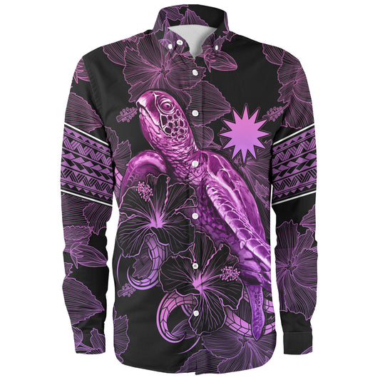 Nauru Long Sleeve Shirt Sea Turtle With Blooming Hibiscus Flowers Tribal Purple
