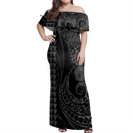 Nauru Off Shoulder Long Dress Kakau Style Grey