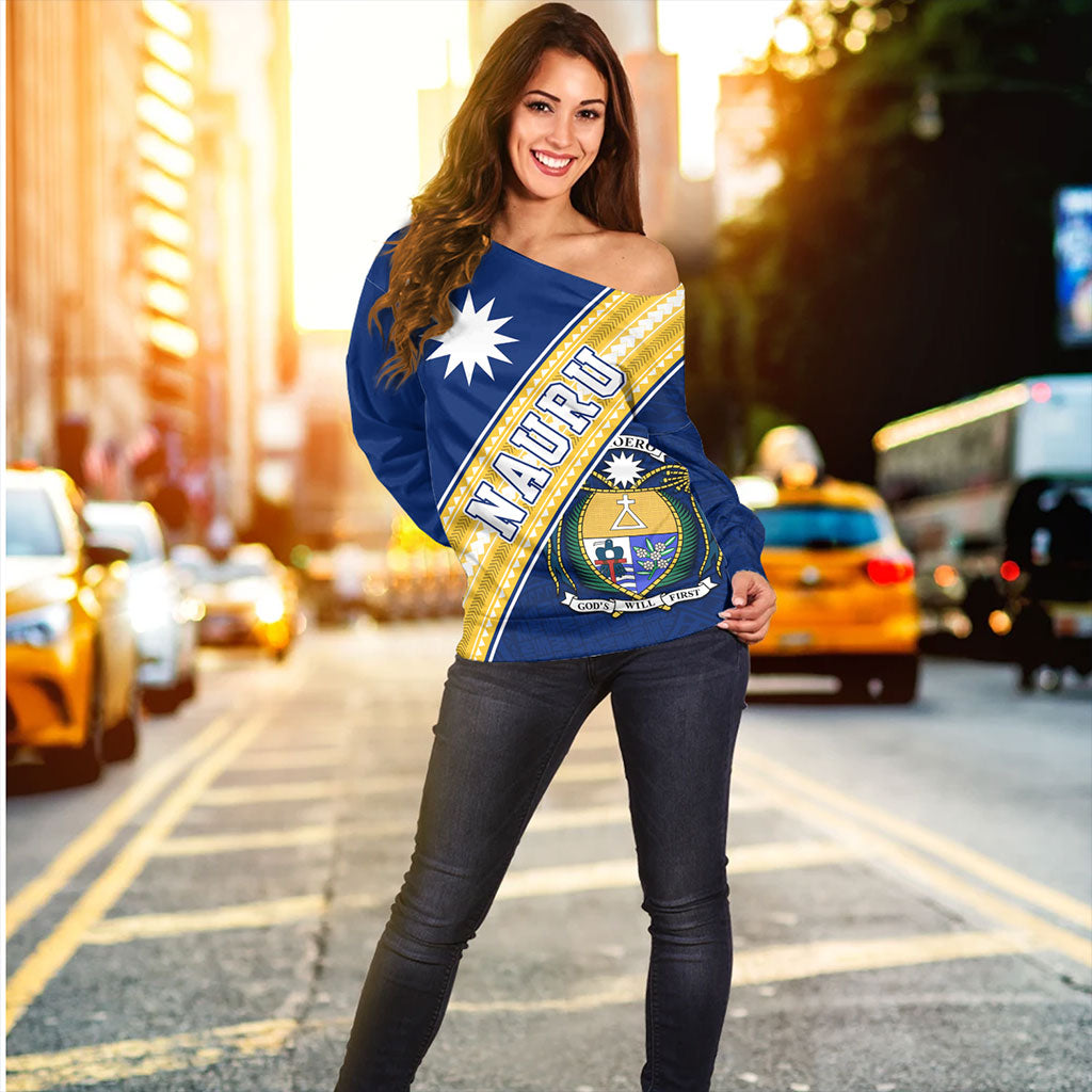 Nauru Off Shoulder Sweatshirt Flag And Coat Of Arms