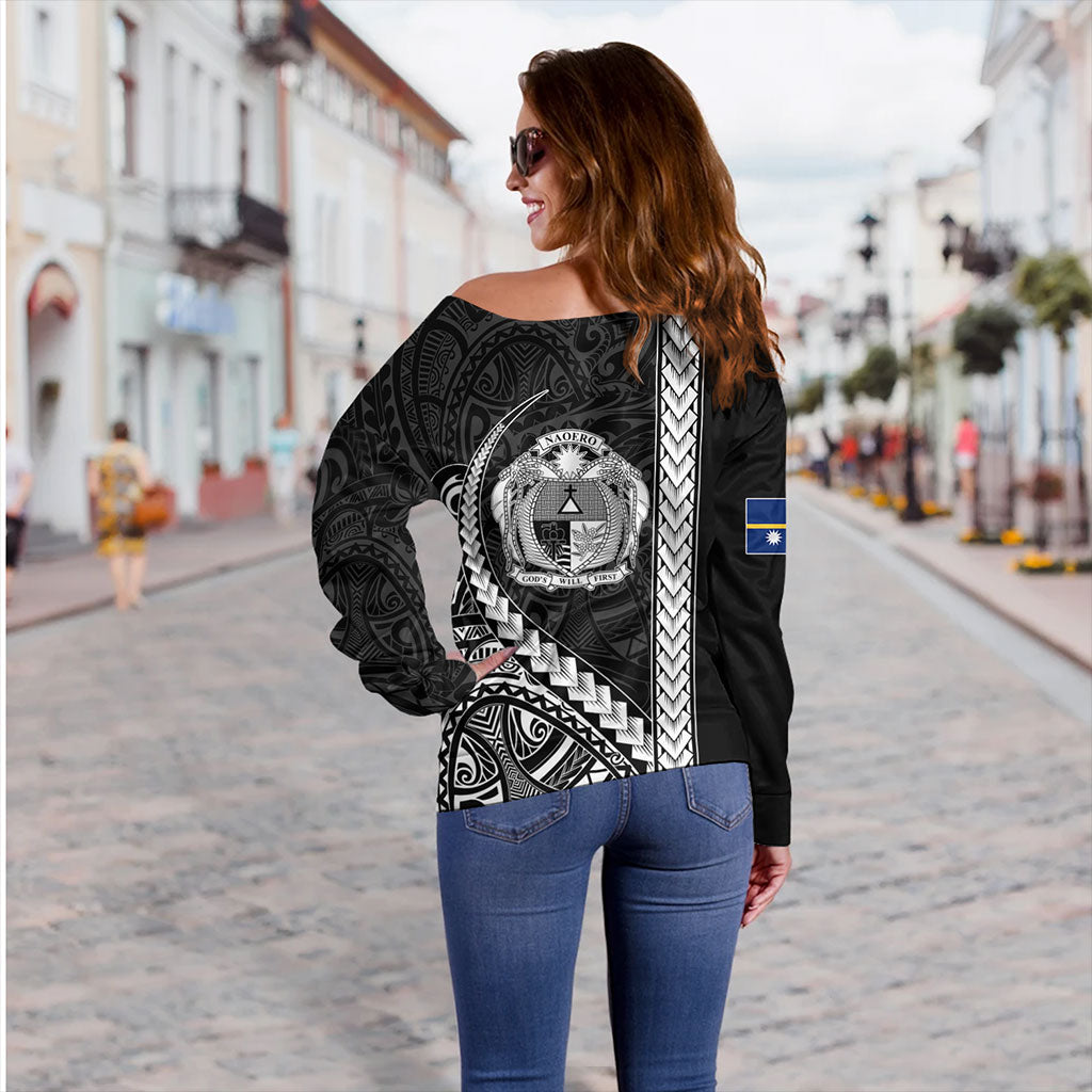 Nauru Off Shoulder Sweatshirt Tribal Micronesian Coat Of Arms