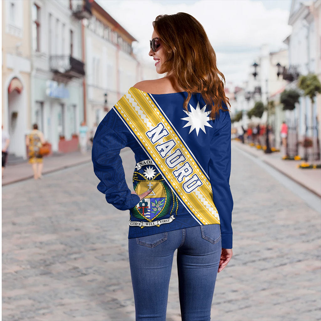 Nauru Off Shoulder Sweatshirt Flag And Coat Of Arms
