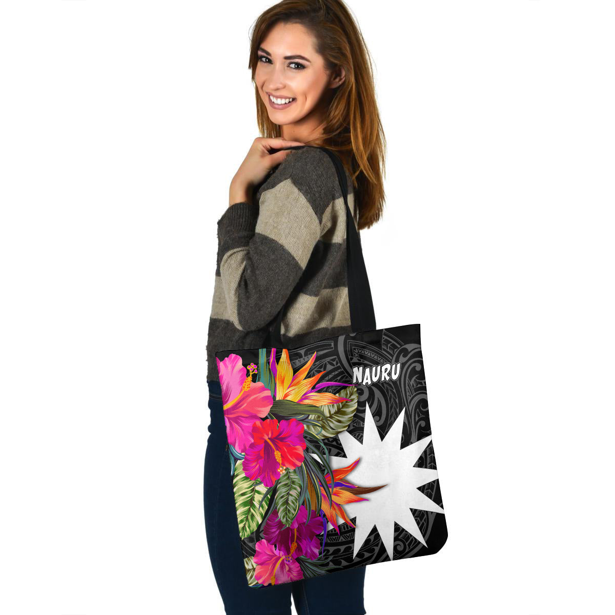 Nauru Custom Personalised Tote Bag Polynesian Hibiscus Pattern