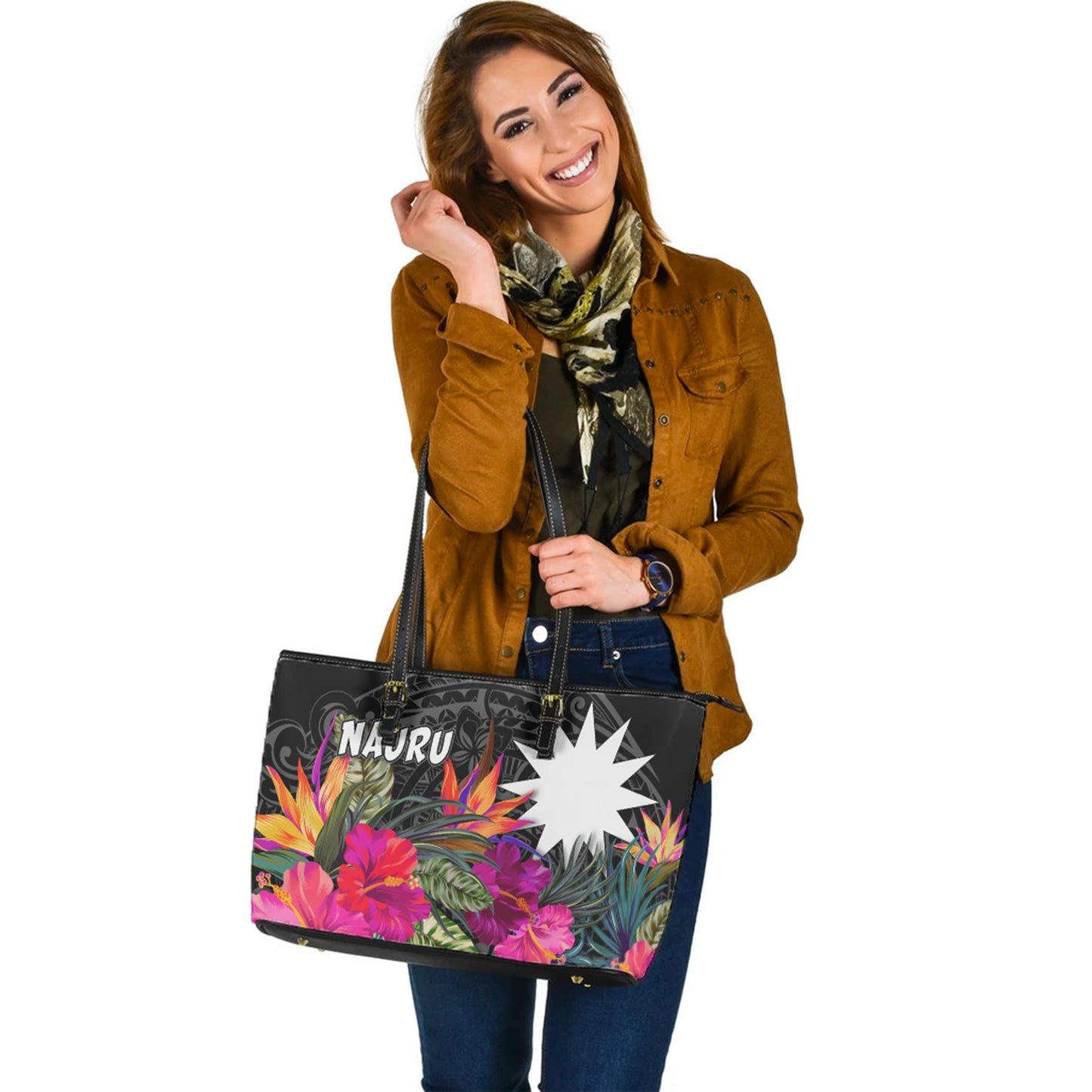 Nauru Custom Personalised Leather Tote Polynesian Hibiscus Pattern