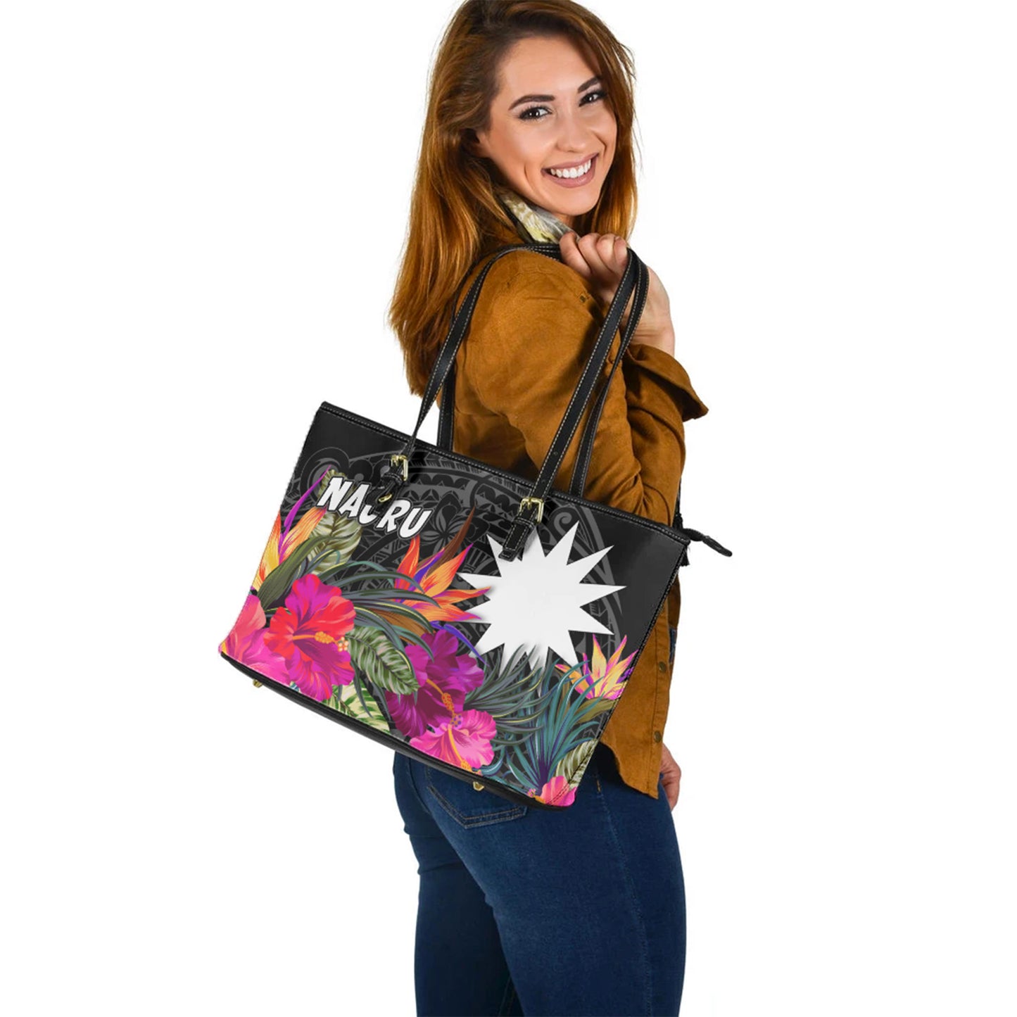 Nauru Custom Personalised Leather Tote Polynesian Hibiscus Pattern