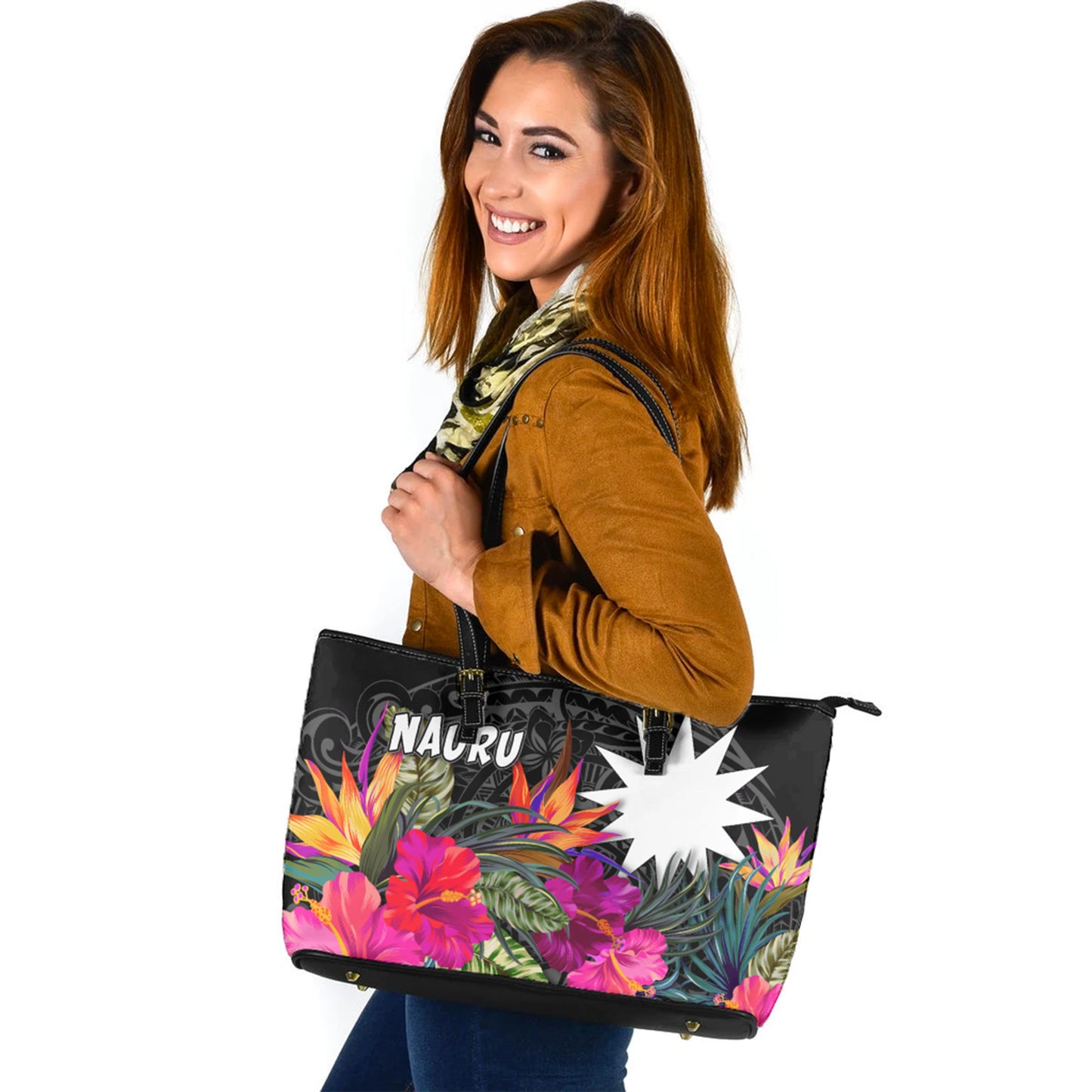 Nauru Custom Personalised Leather Tote Polynesian Hibiscus Pattern