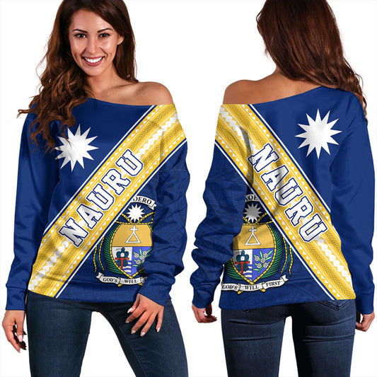 Nauru Off Shoulder Sweatshirt Flag And Coat Of Arms