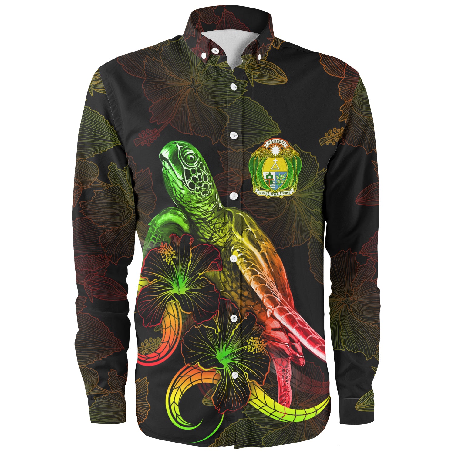 Nauru Long Sleeve Shirt Sea Turtle With Blooming Hibiscus Flowers Reggae
