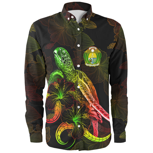 Nauru Long Sleeve Shirt Sea Turtle With Blooming Hibiscus Flowers Reggae