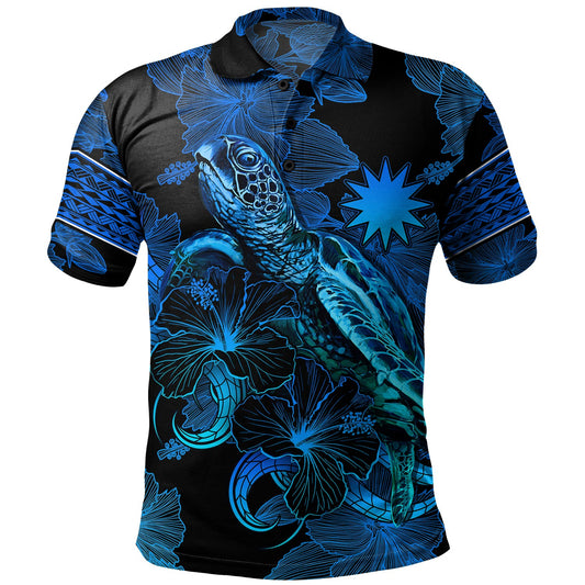 Nauru Polo Shirt Sea Turtle With Blooming Hibiscus Flowers Tribal Blue