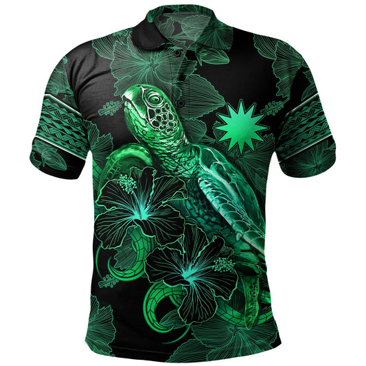 Nauru Polo Shirt  Sea Turtle With Blooming Hibiscus Flowers Tribal Green