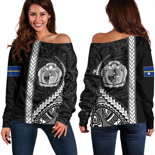 Nauru Off Shoulder Sweatshirt Tribal Micronesian Coat Of Arms