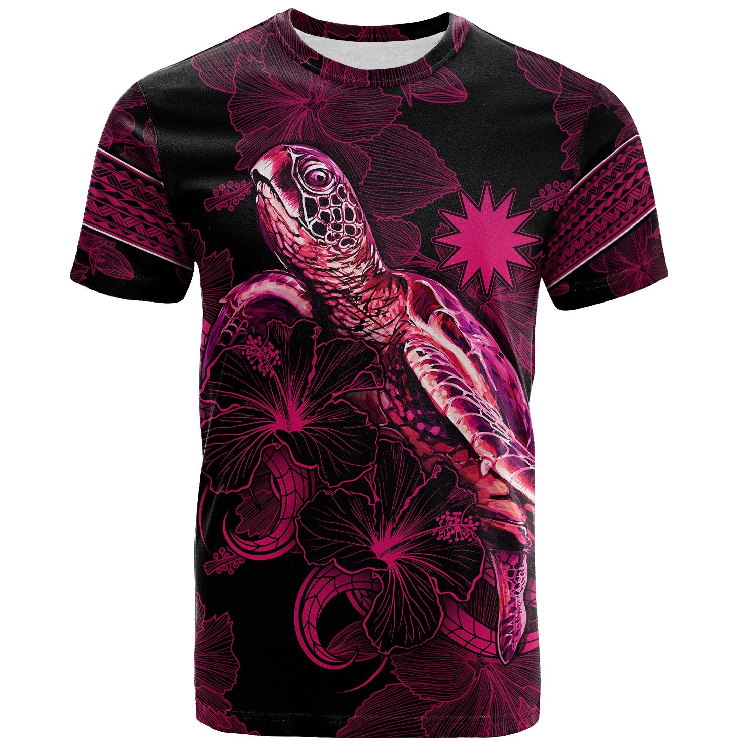 Nauru T-Shirt Sea Turtle With Blooming Hibiscus Flowers Tribal Maroon