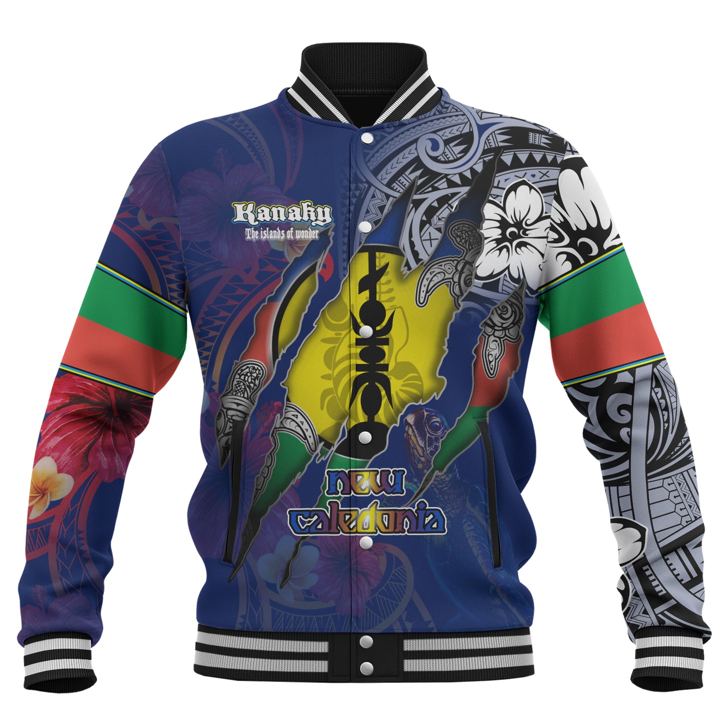 New Caledonia Baseball Jacket Custom New Caledonian Blood Inside Me Polynesian Sleeve Tattoo Tropical Blue
