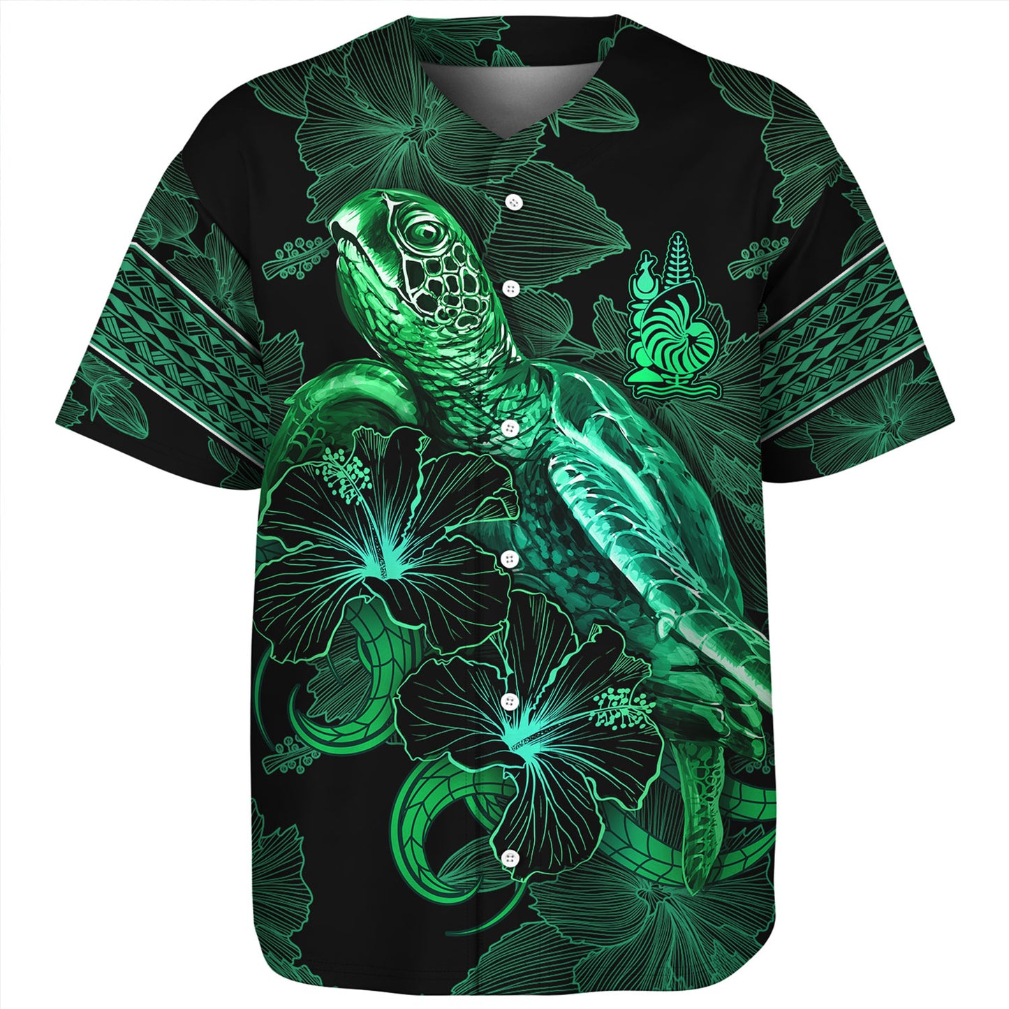 New Caledonia Baseball Shirt  Sea Turtle With Blooming Hibiscus Flowers Tribal Green