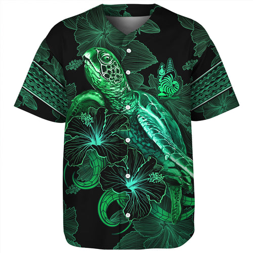 New Caledonia Baseball Shirt  Sea Turtle With Blooming Hibiscus Flowers Tribal Green