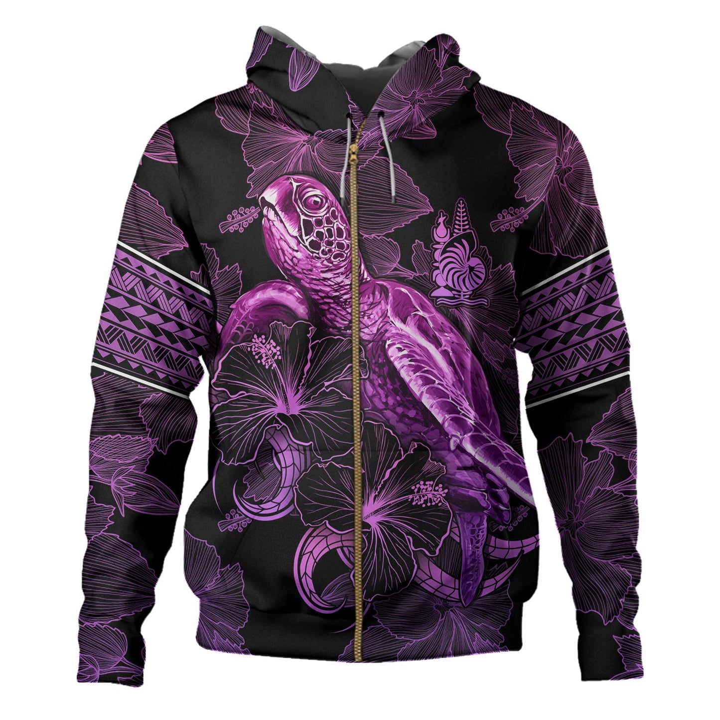 New Caledonia Hoodie Sea Turtle With Blooming Hibiscus Flowers Tribal Purple