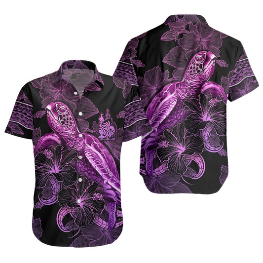 New Caledonia Short Sleeve Shirt Sea Turtle With Blooming Hibiscus Flowers Tribal Purple