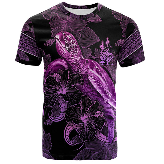 New Caledonia T-Shirt Sea Turtle With Blooming Hibiscus Flowers Tribal Purple