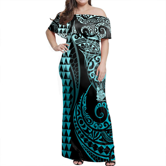 New Caledonia Off Shoulder Long Dress Kakau Style Turquoise
