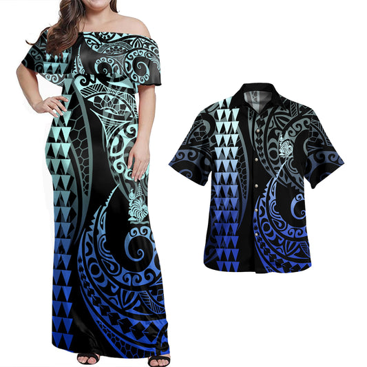 New Caledonia Combo Dress And Shirt Kakau Style Gradient Blue